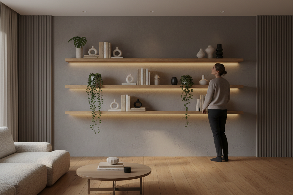 de belles etageres en bois sur un mur mais pas non plus genre partie integrante du mur, dans un beau salon sur un beau mur, avec une personne qui les contemple