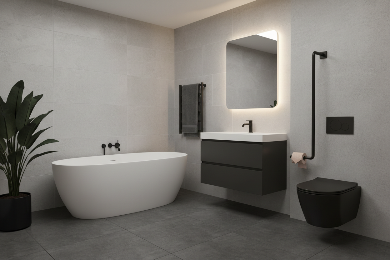 Salle de bain contemporaine avec accents noir mat, présentant un porte‑papier toilette mural en métal noir. Décor minimaliste, lignes épurées, éclairage doux, ambiance moderne et raffinée.”